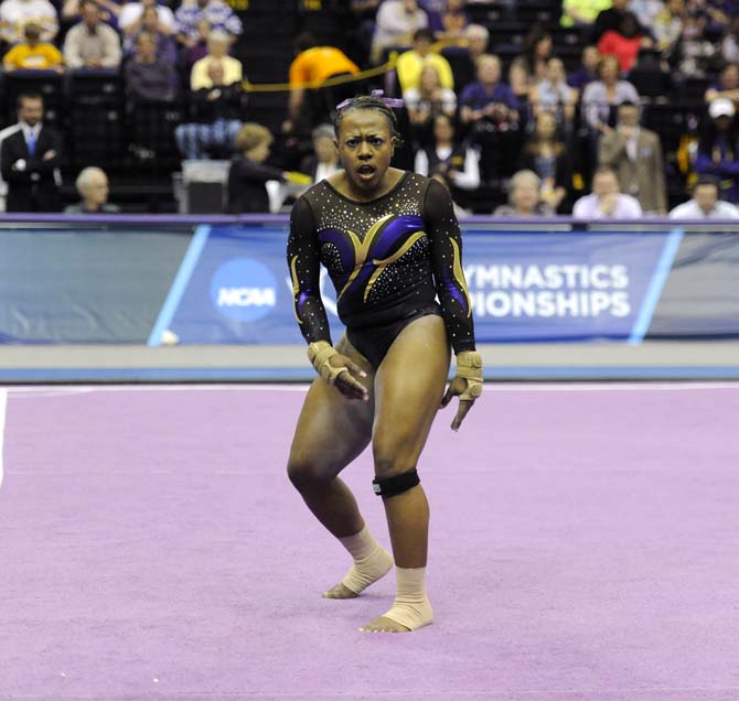 LSU junior all-around Lloimincia Hall performs her floor routine Saturday, April 5, 2014, during an NCAA Gymnastics Regional meet in the PMAC. The Tigers won the met with a school-record score of 198.325.