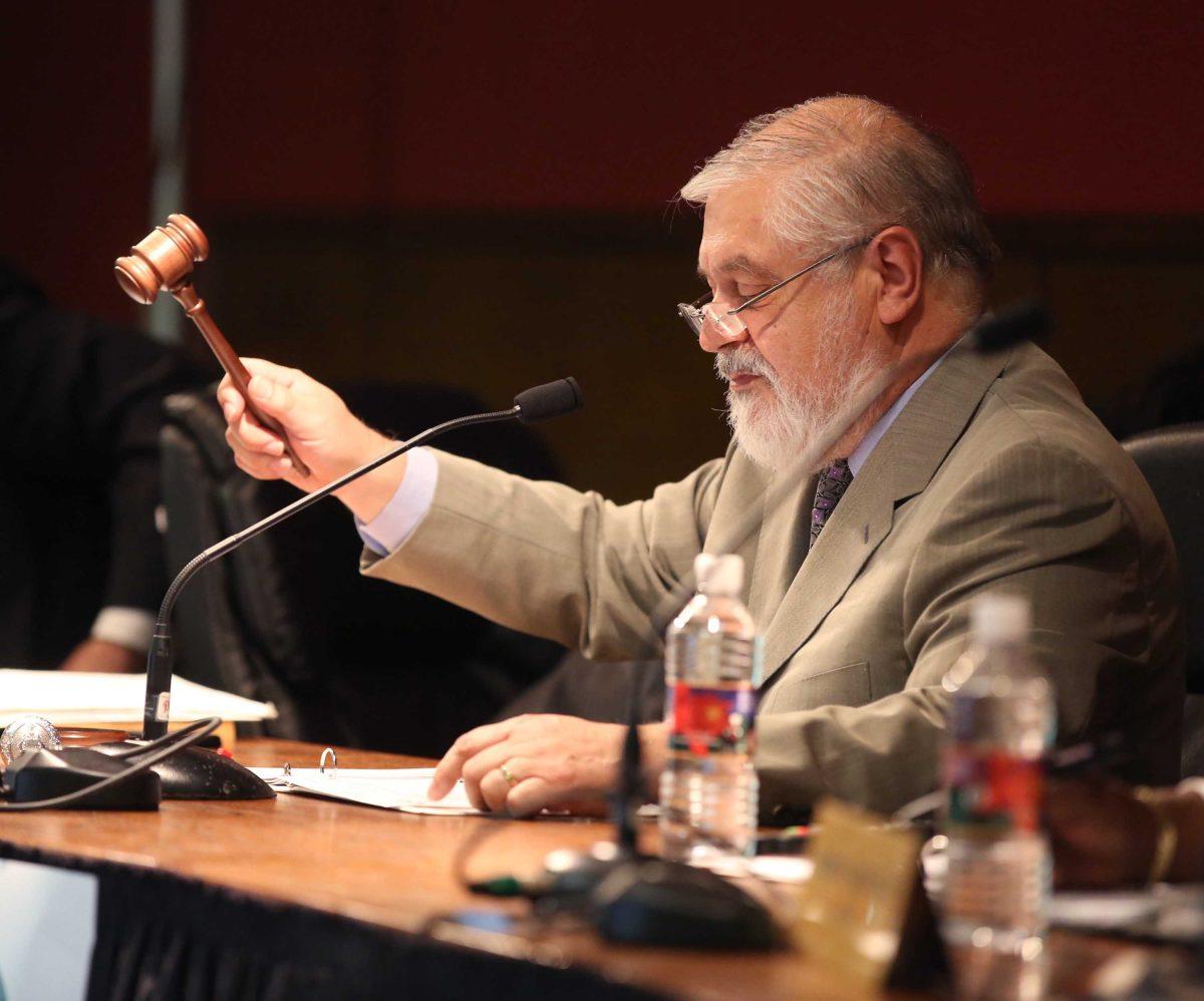 Chairperson Rafael Moure-Eraso opens the West Fertilizer Explosion and Fire public meeting, Tuesday, April 22, 2014, in West, Texas. The deadly explosion in West a year ago was preventable and resulted from unsafe storage practices by West Fertilizer Co., and government oversight, U.S. Chemical Safety Board leaders said earlier in the day. (AP Photo/Waco Tribune Herald, Rod Aydelotte)