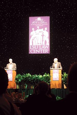 Former U.S. Sen. John Breaux, class of 1967, and James Carville, class of 1973, host graduates, sponsors and students attending the centennial celebration of the LSU Law School in the Assembly Center on Friday night.