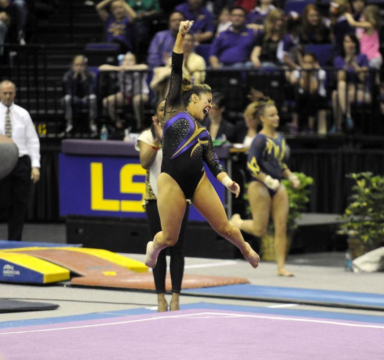 LSU sophomore all-around Jessica Savona celebrates after her floor routine Saturday, April 5, 2014, during an NCAA Gymnastics Regional meet in the PMAC. The Tigers won the meet with a school-record 198.325.