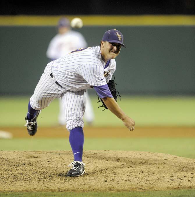 LSU senior right-handed pitcher Nate Fury (29) warms up before an inning Tuesday, April 29, 2014, during the Tigers' 9-7 victory against Alcorn in Alex Box Stadium.