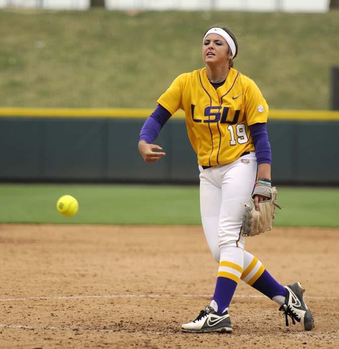 LSU freshman pitcher Baylee Corbello (19) throws the ball Sunday, April 6, 2014, during the Tigers' 9-0 loss to Tennessee in Tiger Park.