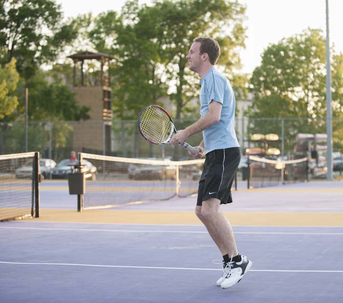 LSU coastal environmental science senior Jonathan Lambert practices Monday, April 7, 2014 in preparation for the Tennis Club going to Nationals.