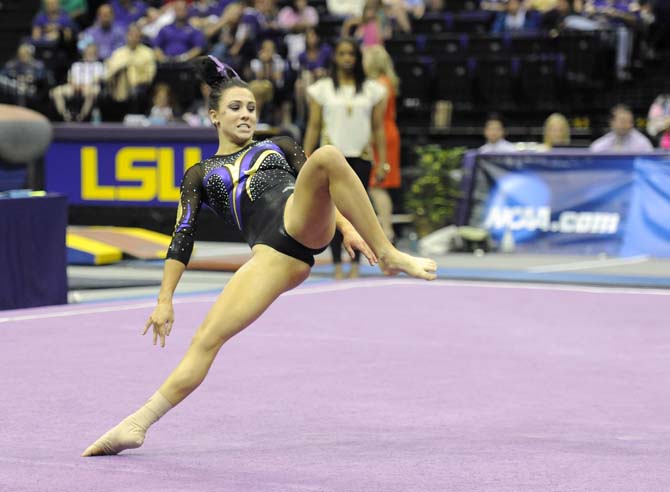 LSU junior all-around Rheagan Courville performs her floor routine Saturday, April 5, 2014, during an NCAA Gymnastics Regional meet in the PMAC. The Tigers won the meet with a school-record score of 198.325.