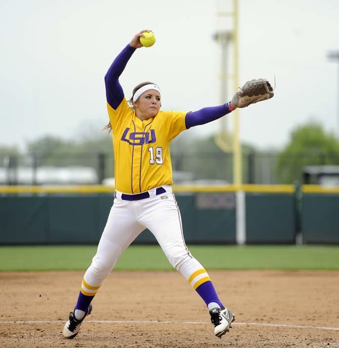 LSU freshman pitcher Baylee Corbello (19) throws the ball Sunday, April 6, 2014, during the Tigers' 9-0 loss to Tennessee in Tiger Park.