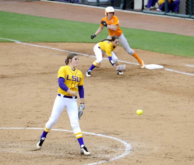 LSU senior pitcher Ashley Czechner (99) throws the ball Sunday, April 6, 2014, during the Tigers' 9-0 loss to Tennessee in Tiger Park.