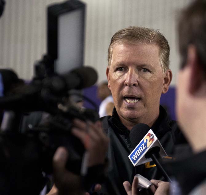 LSU offensive coordinator Cam Cameron speaks with members of the media Wednesday, April 9, 2014 in the LSU Indoor Practice Facility.