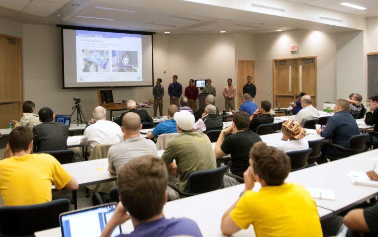 LSU seniors Grant Brumfield, Matthew Barbay, Cory Gisiner, William Ledet, Sean King, and Kevin Wood present their senior capstone project 2014 SAE Aero Desgin West Micro Class Aircraft on April 30, 2014 in the Frank H. Walk Design Presentation Room.