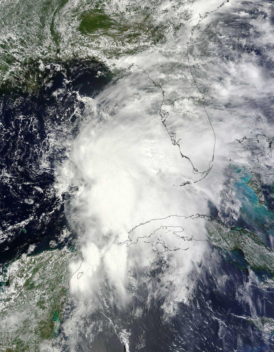 An image provided by NASA from the Terra satellite shows Tropical Storm Andrea as it moves across the Gulf of Mexico and approaches Florida's west coast on Wednesday June 5, 2013 at 12:25 p.m. EDT. Heavy rain poured across much of Florida on Thursday as the first tropical storm of the Atlantic hurricane season headed toward the state.