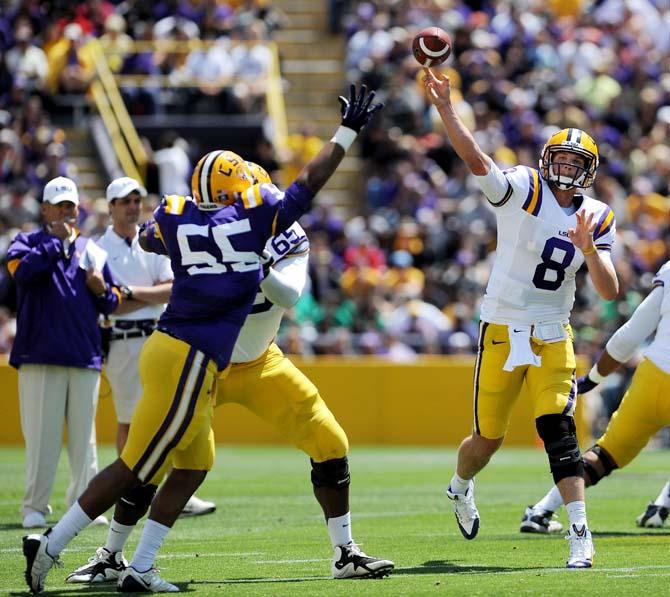 Senior quarterback Zach Mettenberger (8) passes the ball April 20, 2013 during the white squad's 37-0 victory against the purple squad in the National L Club Spring Game in Tiger Stadium.