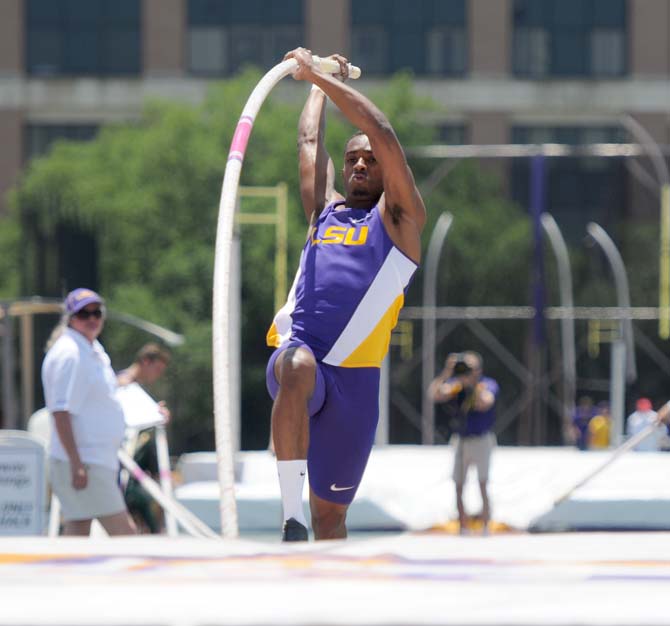 LSU senior Jaora Johnson pole vaults Saturday, May 3, 2014 at the LSU Bernie Moore Track Stadium.