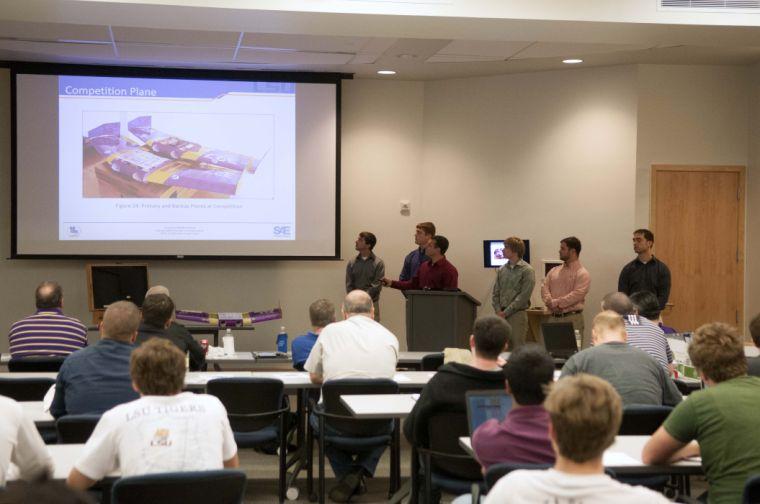 LSU seniors Grant Brumfield, Matthew Barbay, Cory Gisiner, William Ledet, Sean King, and Kevin Wood present their senior capstone project 2014 SAE Aero Desgin West Micro Class Aircraft on April 30, 2014 in the Frank H. Walk Design Presentation Room.