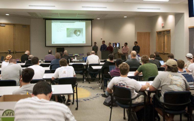 LSU seniors Grant Brumfield, Matthew Barbay, Cory Gisiner, William Ledet, Sean King, and Kevin Wood present their senior capstone project 2014 SAE Aero Desgin West Micro Class Aircraft on April 30, 2014 in the Frank H. Walk Design Presentation Room.