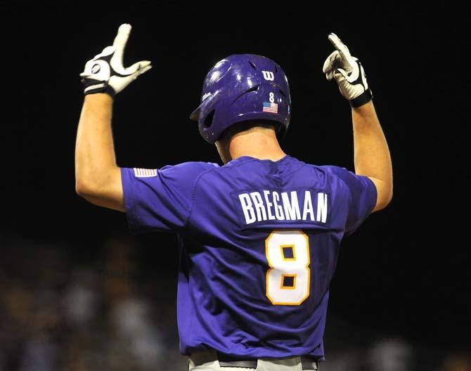 LSU sophomore infielder Alex Bregman (8) pumps up the crowd Saturday, May 31, 2014 during the Tigers' 5-1 victory against Houston in Alex Box Stadium.