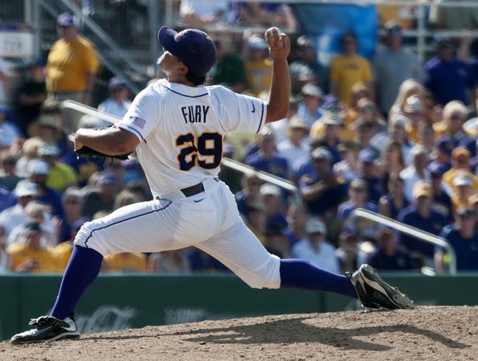 LSU senior pitcher Nate Fury (29) pitches the ball Friday, May 30, 2014 during the Tigers' 8-4 victory against Southeastern Louisiana in Alex Box Stadium.