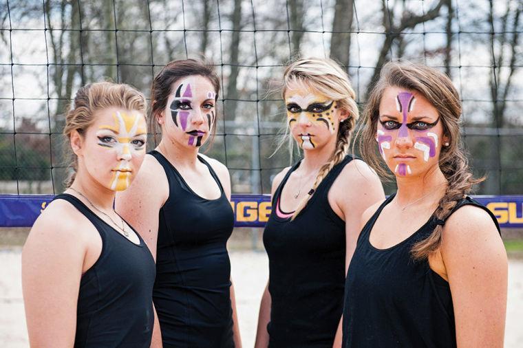 LSU freshman Emma Hiller (left), sophomore Victoria Boraski (left-center), senior Kaitlin Hatcher (right-center), and senior Meghan Mannari (right)