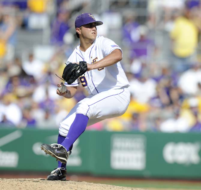 LSU senior pitcher Nate Fury (29) winds up to pitch Friday, May 30, 2014 during the Tigers' 8-4 victory against Southeastern Louisiana in Alex Box Stadium.