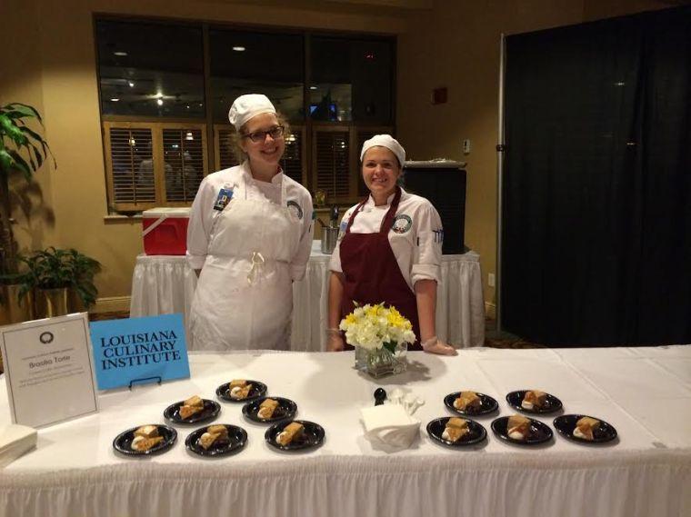 Louisiana Culinary Institute serves Brasila Torte, a hazelnut joconde sponge cake with caramel buttercream and nougatine.