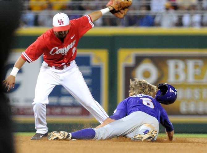 LSU sophomore outfielder Andrew Stevenson (6) slides into second base Saturday, May 31, 2014 during the Tigers' 5-1 victory against Houston in Alex Box Stadium.