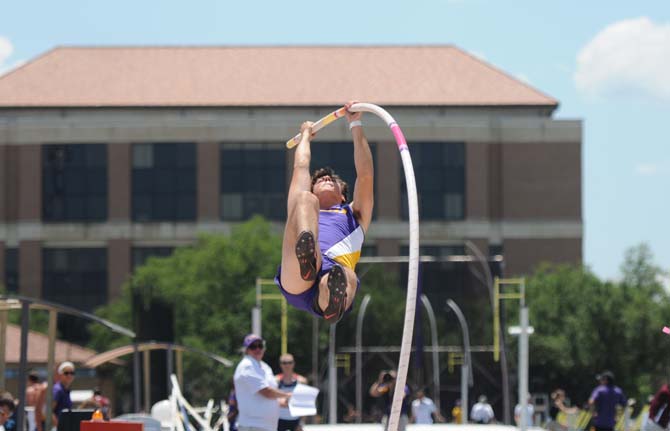 LSU freshman Cameron Robichaux pole vaults Saturday, May 3, 2014 in the Bernie Moore Track Stadium.