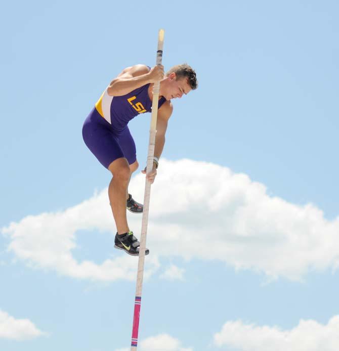 LSU junior Andreas Duplantis pole vaults Saturday, May 3, 2014 at the LSU Bernie Moore Track Stadium.