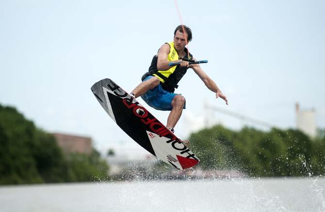 LSU wakeboarder Brannon Lauber does a trick Wednesday, April 30, 2014, in the Gulf Intracoastal Waterway.