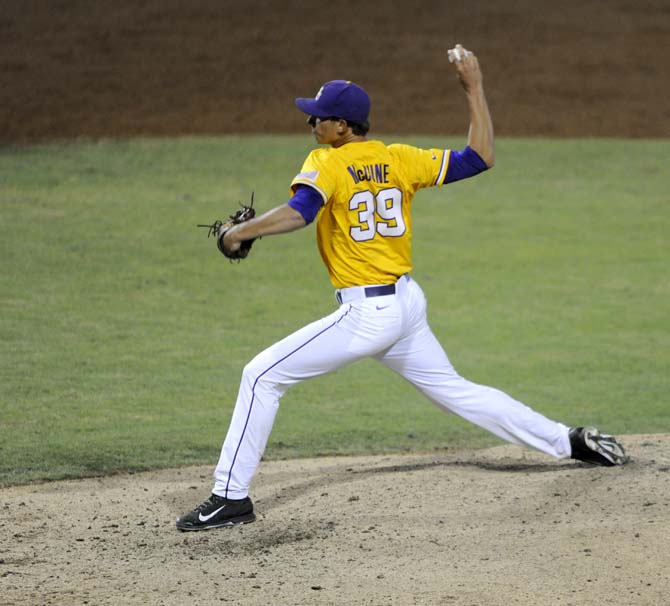 LSU senior pitcher Kurt McCune (39) draws back to throw a pitch Sunday, April 1, 2014 during the Tigers' 5-4 loss against Houston in Alex Box Stadium.