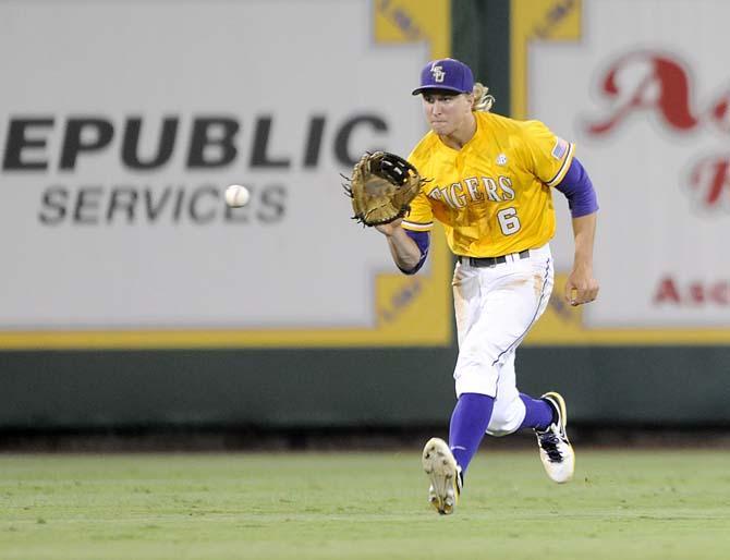 LSU sophomore outfielder Andrew Stevenson (6) prepares to catch the ball in the outfield Monday, June 2, 2014 during the Tigers' 12-2 loss against Houston in Alex Box Stadium.