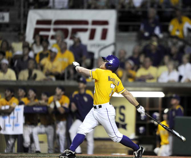 LSU senior outfielder Sean McMullen (7) looks towards the ball Sunday, April 1, 2014 during the Tigers' 5-4 loss against Houston in Alex Box Stadium.