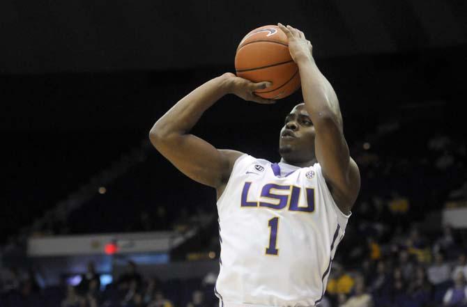 LSU junior guard Anthony Hickey (1) shoots the ball Wednesday, Feb. 26, 2014 during the Tigers' 68-49 victory against Texas A&amp;M in the PMAC.