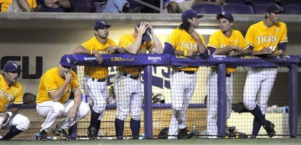 LSU players look on in disbelief during the final moments of the game Monday, June 2, 2014 during the Tigers' 12-2 loss against Houston in Alex Box Stadium.