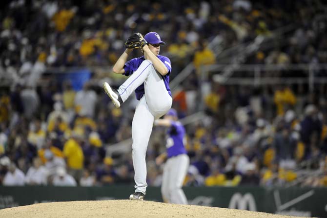 LSU junior pitcher Aaron Nola (10) pitches the ball Saturday, May 31, 2014 during the Tigers' 5-1 victory against Houston in Alex Box Stadium.