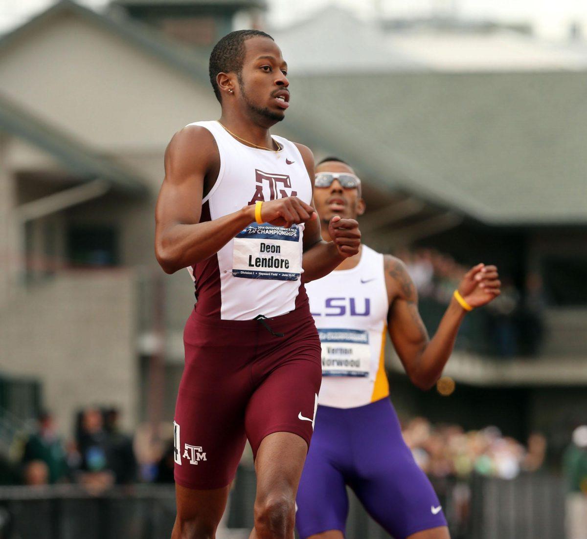 Texas A &amp; M's Deon Lendore, left, wins the Men 400 meters ahead of third place finisher LSU's Vernon Norwood at the the NCAA Outdoor Track and Field Championships at Hayward Field in Eugene, Ore. June 13, 2014. (AP Photo/The Register-Guard, Chris Pietsch)