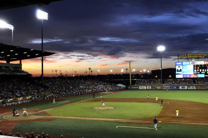 The sun sets Monday, April 2, 2014 during the Tigers' 12-2 loss against Houston in Alex Box Stadium.