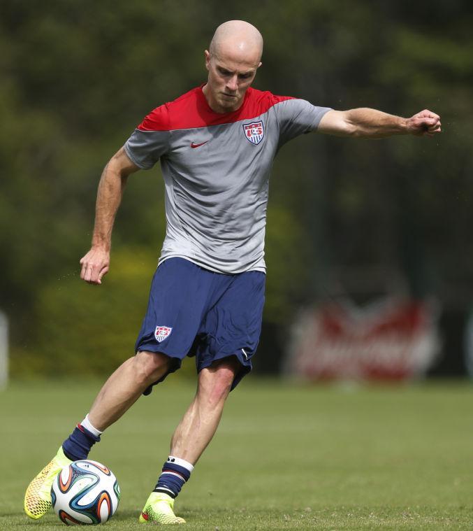 United States' Michael Bradley shoots during a training session at the Sao Paulo FC training center in Sao Paulo, Brazil, Wednesday, June 11, 2014. The U.S. will play in group G of the 2014 soccer World Cup. (AP Photo/Julio Cortez)