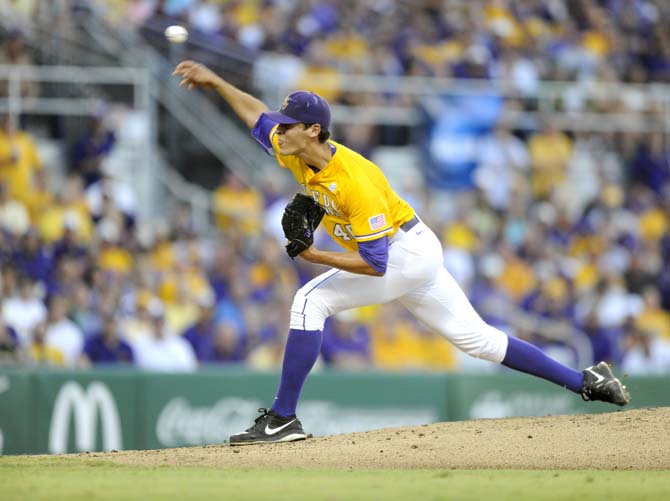 LSU freshman pitcher Parker Bugg (46) pitches the ball toward home plate Monday, June 2, 2014 during the Tigers' 12-2 loss against Houston in Alex Box Stadium.