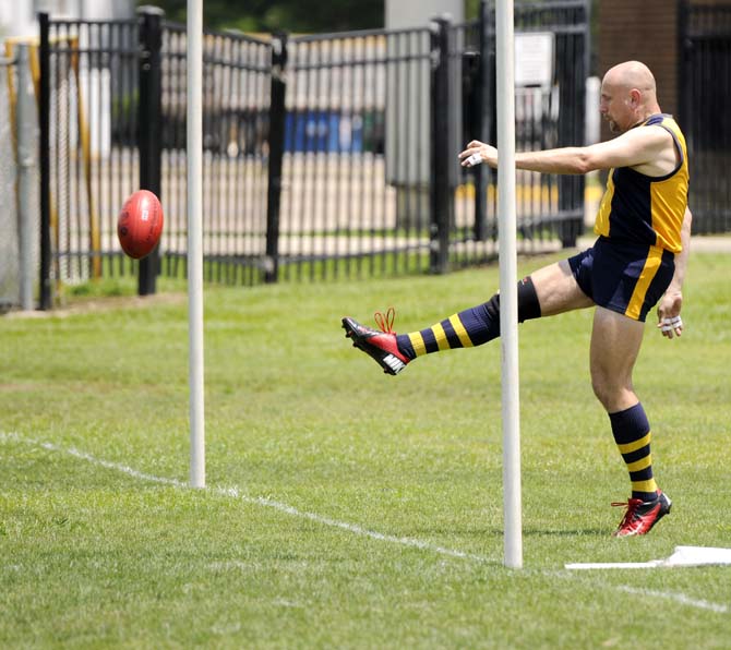 Baton Rouge team member Rob Montanaro (11) kicks the ball from the goal line Saturday, April 14, 2014 during the Tigers' game against Houston at the LSU Student Recreation Complex