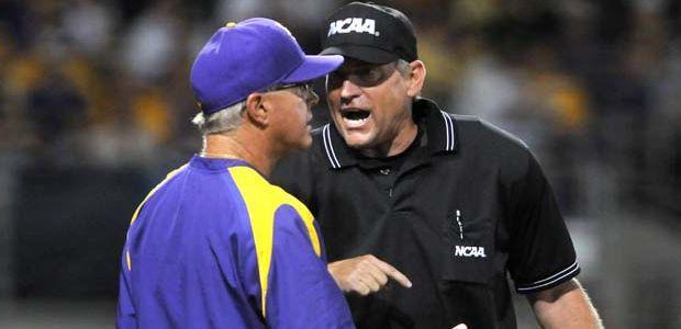 LSU head coach Paul Mainieri argues with an umpire about a questionable call Sunday, June 1, 2014 during the Tigers' 5-4 loss against Houston in Alex Box Stadium.