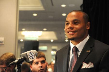 Mississippi State junior quarterback Dak Prescott&#160;speaks Tuesday at day 2 of the Southeastern Conference Media Days in Hoover, Ala.