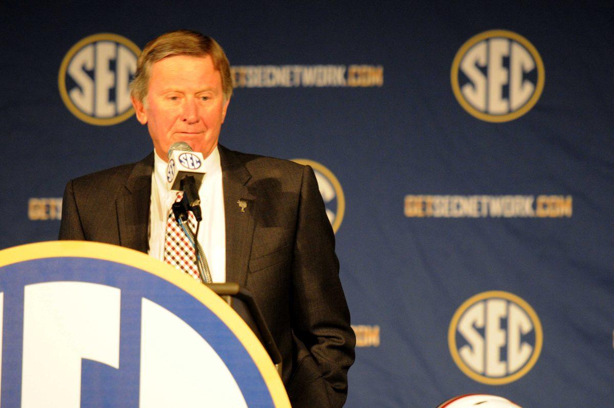 South Carolina coach Steve Spurrier speaks Tuesday at day 2 of Southeastern Conference Media Days in Hoover, Ala.