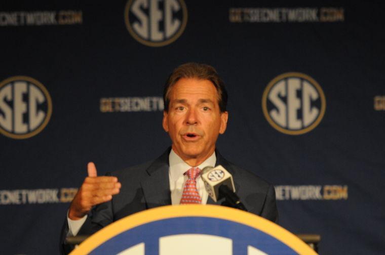 Nick Saban addresses the media at 2014 SEC Media Days