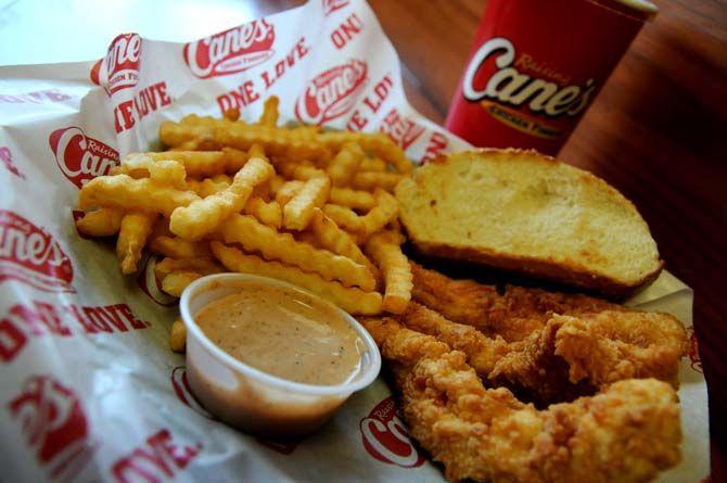 Cane's 3 finger combo includes 3 pieces of chicken, fries, toast, Cane's sauce and a drink.