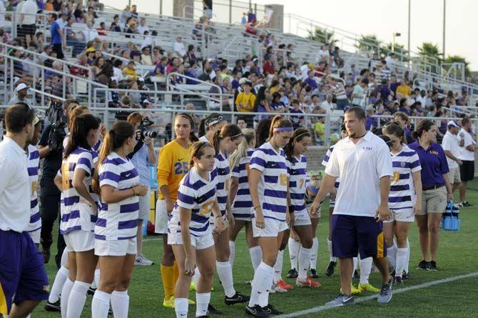 LSU soccer team gets ready to warm up on Friday, August 22, 2014 during the Tigers' 2-0 victory against Troy in LSU Soccer Stadium.