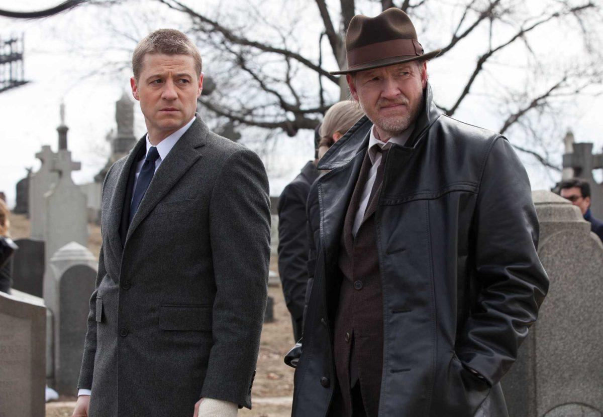 This image released by Fox shows Ben McKenzie, left, and Donal Logue in a scene from "Gotham," premiering Sept. 22. (AP Photo/Fox, Jessica Miglio)