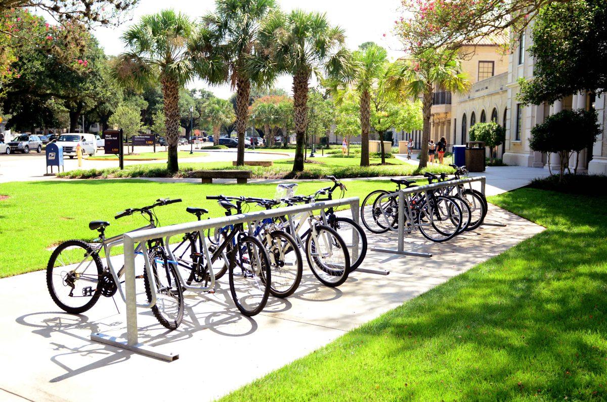 Bikes are locked up to bike rack at Laville August 27, 2014.