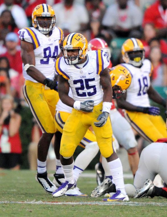 LSU sophomore linebacker Kwon Alexander (25) celebrates after a tackle during the 44-41 loss to Georgia in Sanford Stadium in Athens, Georgia.