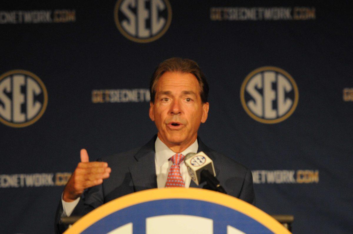 Nick Saban addresses the media at 2014 SEC Media Days