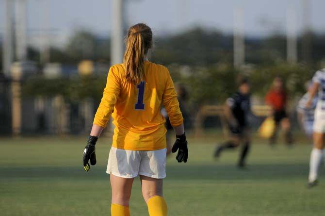 LSU freshman goalkeeper Lily Alfeld (1) oversees her teamates Friday, August 22, 2014 during the Tigers' 2-0 victory against Troy in LSU Soccer Stadium.