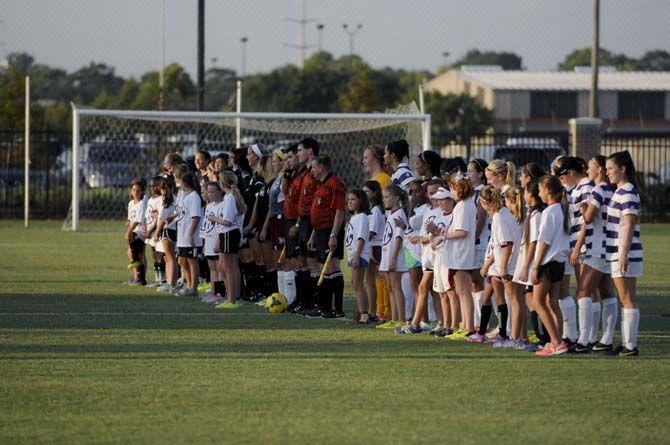 LSU soccer team gets ready to face Troy on Friday, August 22, 2014 during the Tigers' 2-0 victory in LSU Soccer Stadium.