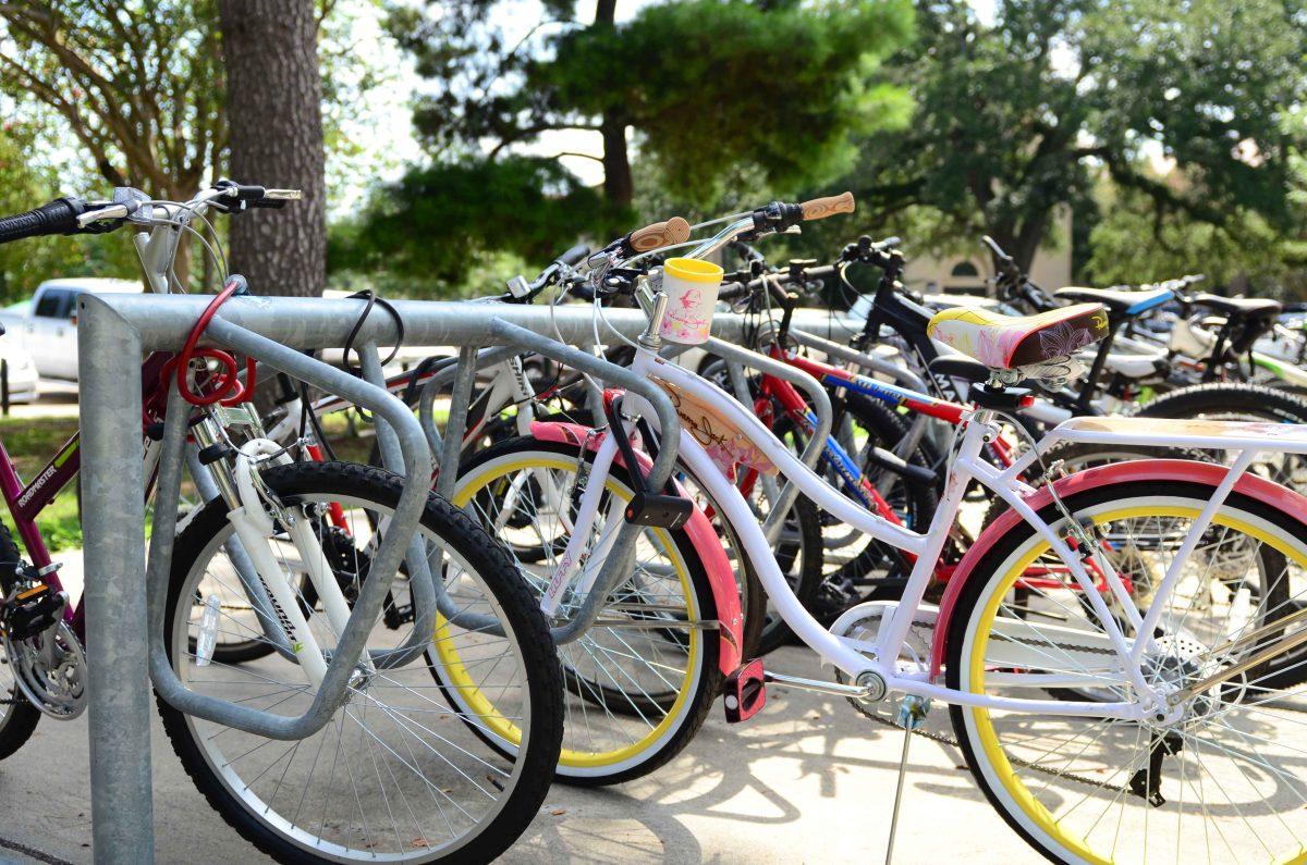 Bikes are locked up to bike rack near Lockett Hall August 27, 2014